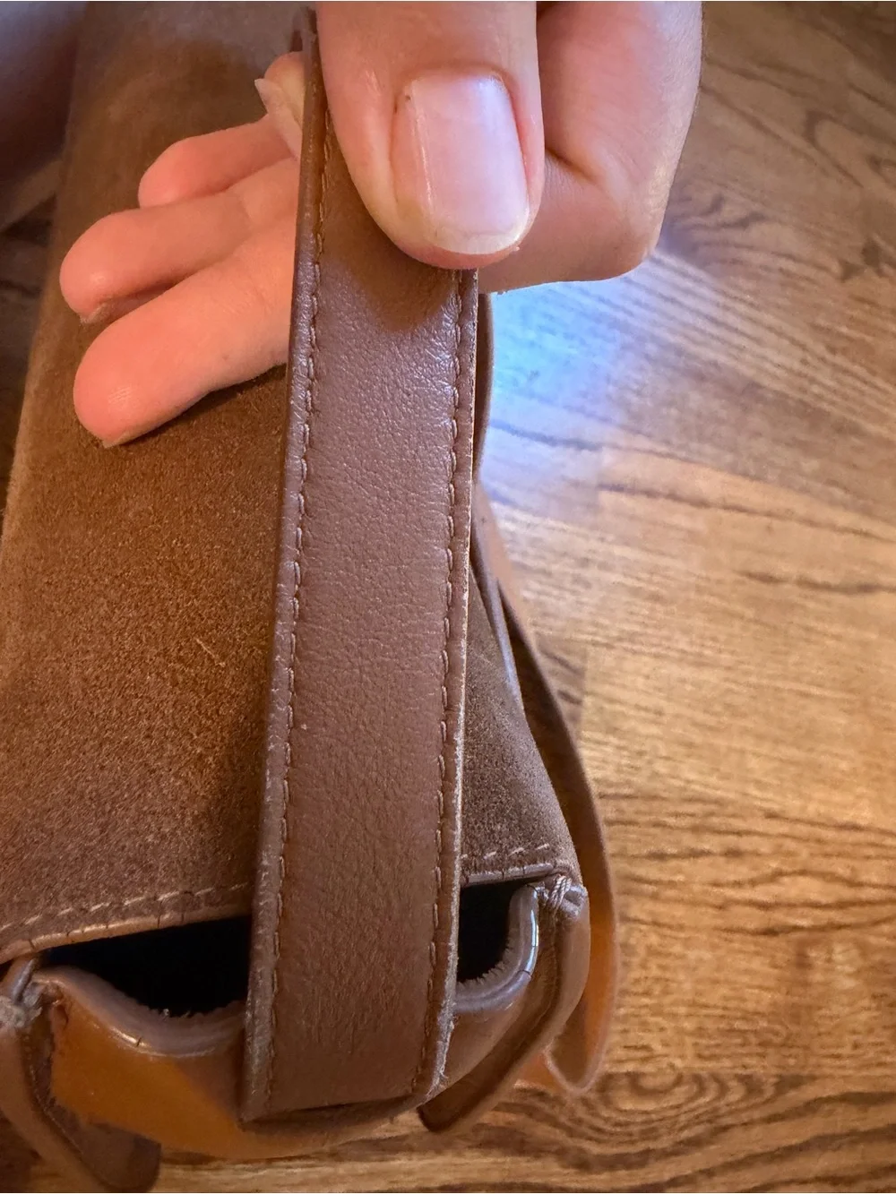 Cuyana Tan Suede and Leather Crossbody Bag with Gold Accent